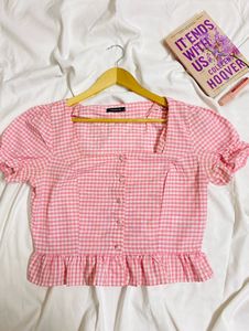 Pink Gingham Puff Sleeve Top