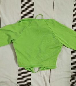 Imicoco Neon Green Ribbed Tie Up Crop Top