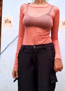 Peach Textured Long Sleeve Top