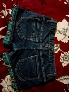 Denim Shorts with Plaid Trim