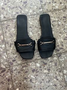 Black Buckle Slide Flats