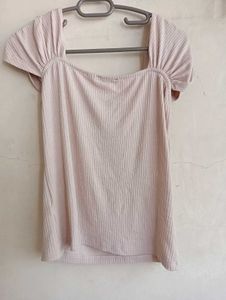 Cute Pink Puff Sleeve Ribbed Top