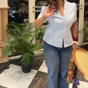 Blue Plaid Button-Down Top
