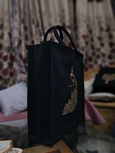 BEAUTIFUL (Peacock) CANVAS BLACK TOTE/LUNCH BAG