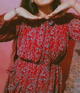 White And Red Floral Print Ruffle Dress Combo