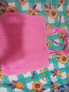 Pink Crochet Mesh Tote Bag