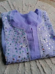 Long Purple Kurti With Beautiful Mirror Work