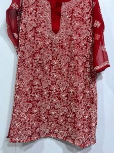 Red Chikankari Embroidered Kurta