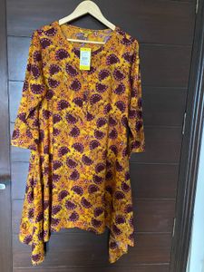 Printed Mustard Yellow Asymmetric Kurta (L)