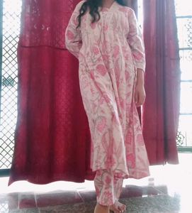 Pink Floral Cotton Kurta Pant Set