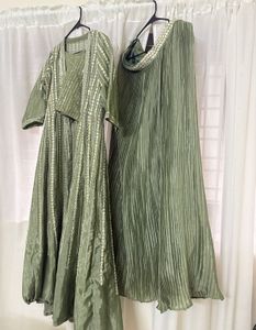 Elegant Green Crop top and skirt with overcoat Set