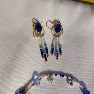 Necklace And Earring Combo Blue White Beaded