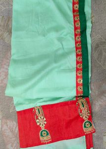 Mint Green Saree &amp; Red stitched Blouse
