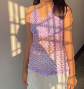 y2k backless Lavender Floral Halter Top