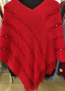 Red Knitted Poncho with Pearls