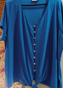 Blue Tie-Front Button-Down Top
