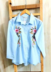 Sky Blue Embroidery Work Cotton Shirt Size-36