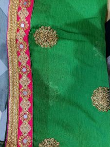 Beautiful Fluorescent Green Saree With Pink Blouse