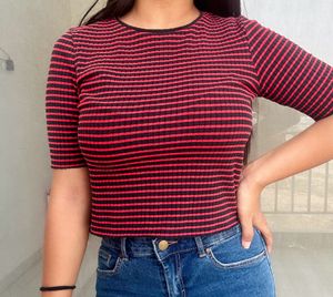 Red And Black Striped Crop Top
