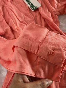 Peach Button-Down Shirt With Waist Adjustment