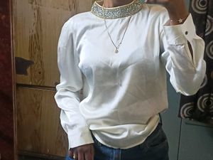 White Satin Top With Bedazzeled Neck