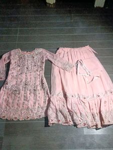 Pink Embellished Girls' farshi garara and kurti