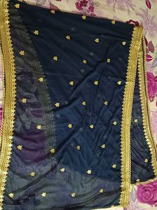 Navy Blue Net Dupatta with Gold Border