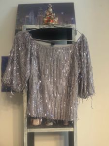 Grey Sequin Off Shoulder Top