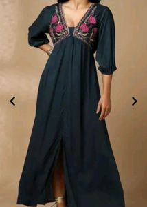 Embroidered Navy Midi Dress
