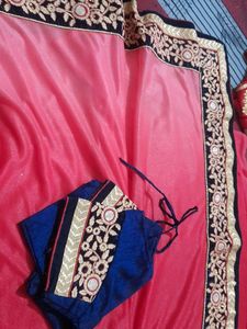 Red Contrast Sari With Ready Blouse