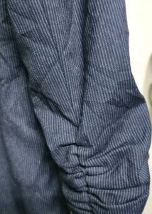 Navy Pinstripe Blazer with Stylish Ruched Sleeves