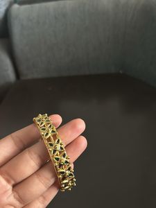 Set Of 2 Bangles Golden With Green Studs Design