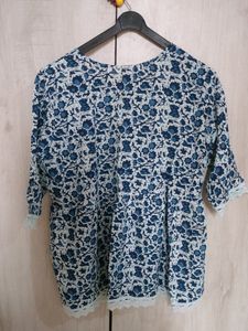Printed Cotton Top with Lace Detailing