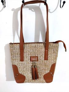 Woven Tote Bag with Faux Leather Accents