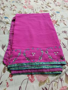 Lace Border Mirror HandWork Pink Saree,& Petticoat