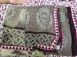 Brown &amp; White Floral Saree with Blouse