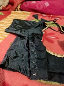 Shiny Black Blouse With Golden Moti Piping