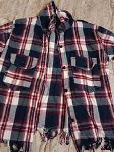 Distressed Plaid Flannel Shirt