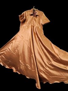 Collared Brown Satin Long Gown