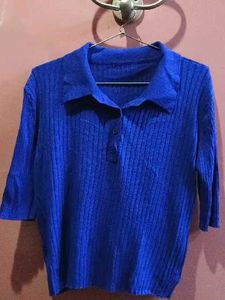 Blue Knit Polo Top