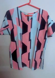 Geometric Abstract Print V-Neck Tunic Top - Pink,