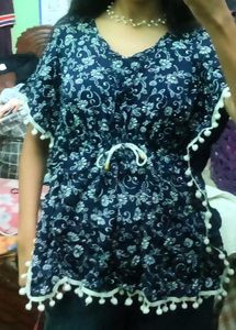 Floral Print Top with Pom-Pom Detail