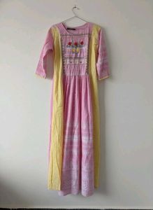 Pink & Yellow Embroidered Kurta