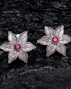 Silver - Pink Floral  Studs