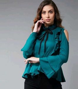 💚Teal Ruffle Cold Shoulder Top
