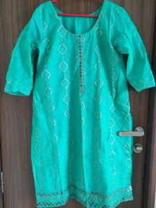 Teal Embroidered Kurti Dupatta Pant Suit.