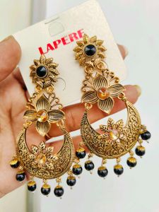 Gold Plated Black Kundan Antique Earrings/Jhumka