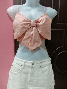 H&amp;M Dusky Pink Bow Crop Top