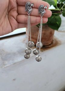 Silver Oxidised Long Hanging Earrings