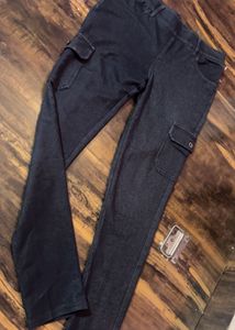 Dark Wash Denim Style Cargo Pants
